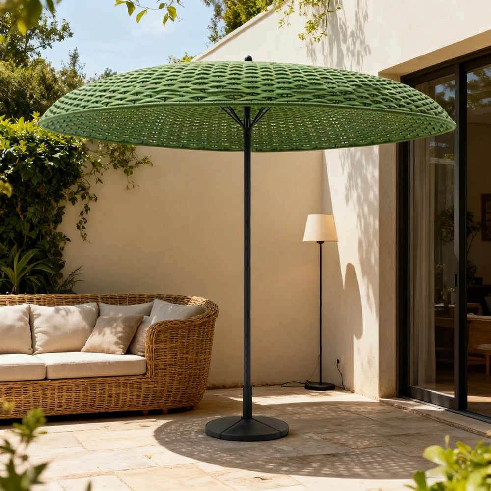 SOLARA Outdoor Wicker Patio Umbrella - 240/260cm Round Handwoven Canopy with Wind-Resistant Design, UV Sunshade & Rain Protection, Garden Resort Style - Green