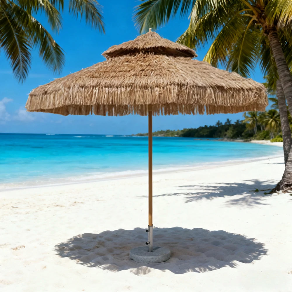 SOLARA Outdoor Thatched Patio Umbrella - 250/270cm Double-Tier Canopy with Realistic Thatch Design, Sunshade & Rain Protection, 30kg Marble Base Included - Natural