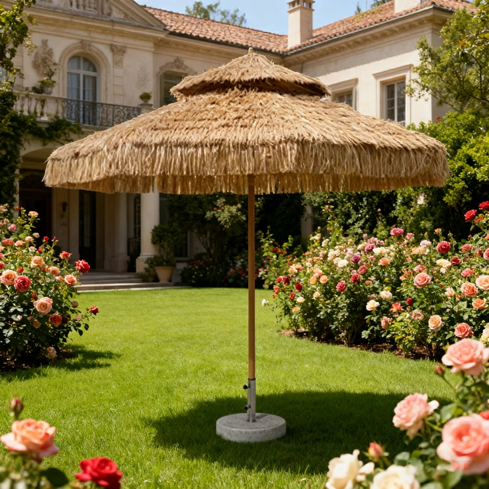 SOLARA Outdoor Thatched Patio Umbrella - 250/270cm Double-Tier Canopy with Realistic Thatch Design, Sunshade & Rain Protection, 30kg Marble Base Included - Natural