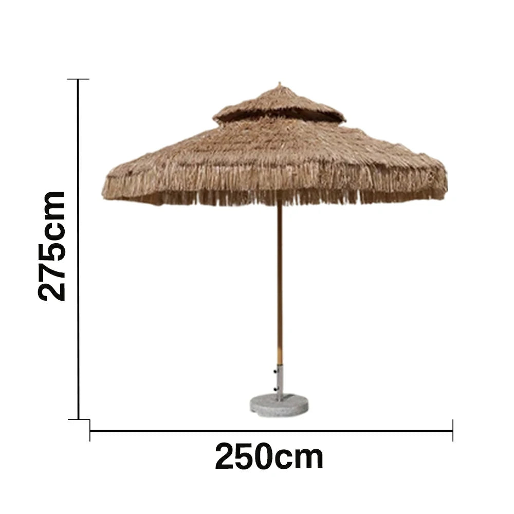 SOLARA Outdoor Thatched Patio Umbrella - 250/270cm Double-Tier Canopy with Realistic Thatch Design, Sunshade & Rain Protection, 30kg Marble Base Included - Natural