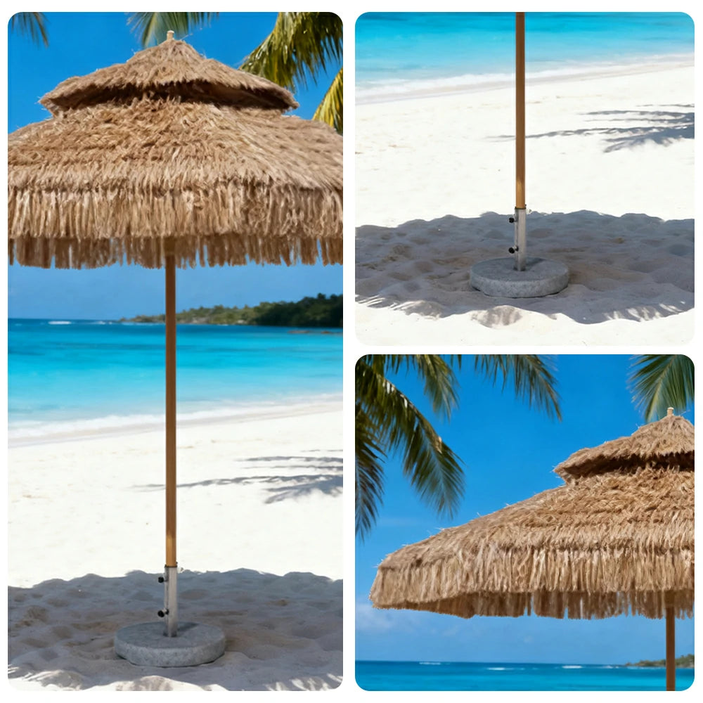 SOLARA Outdoor Thatched Patio Umbrella - 250/270cm Double-Tier Canopy with Realistic Thatch Design, Sunshade & Rain Protection, 30kg Marble Base Included - Natural
