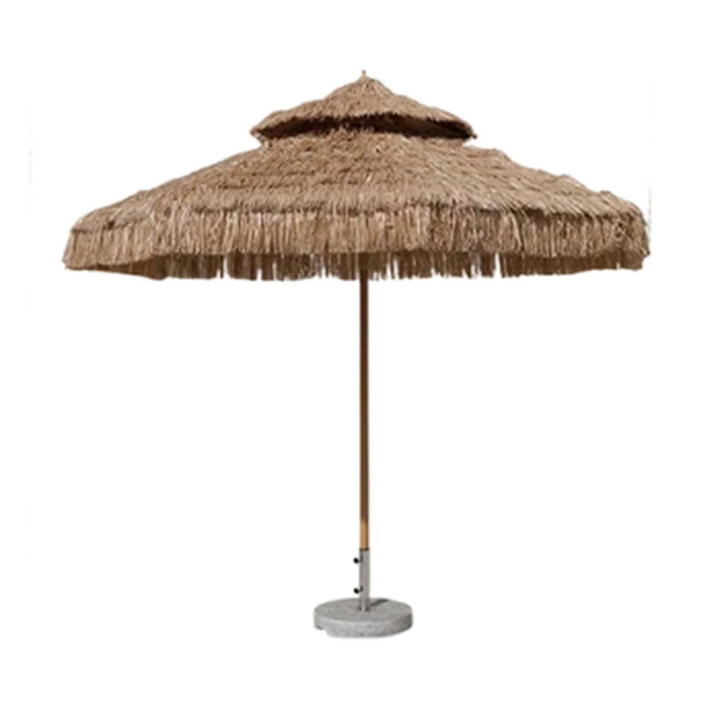 SOLARA Outdoor Thatched Patio Umbrella - 250/270cm Double-Tier Canopy with Realistic Thatch Design, Sunshade & Rain Protection, 30kg Marble Base Included - Natural