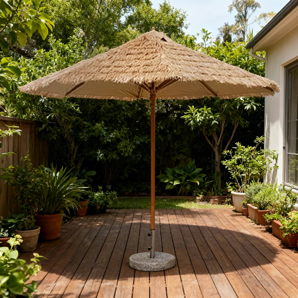 SOLARA Outdoor Thatched Patio Umbrella - 250/270cm Single-Tier Canopy with Realistic Thatch Design, Sunshade & Rain Protection, 30kg Marble Base Included - Natural