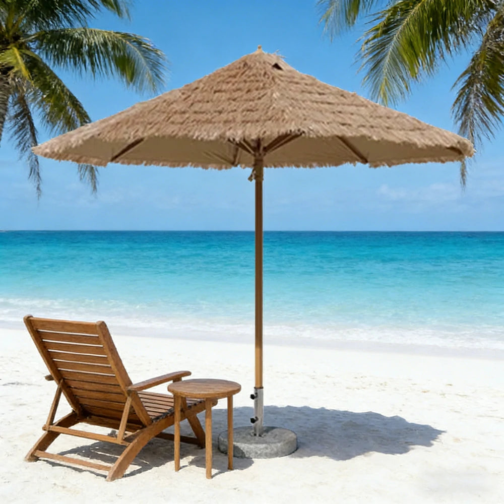 SOLARA Outdoor Thatched Patio Umbrella - 250/270cm Single-Tier Canopy with Realistic Thatch Design, Sunshade & Rain Protection, 30kg Marble Base Included - Natural