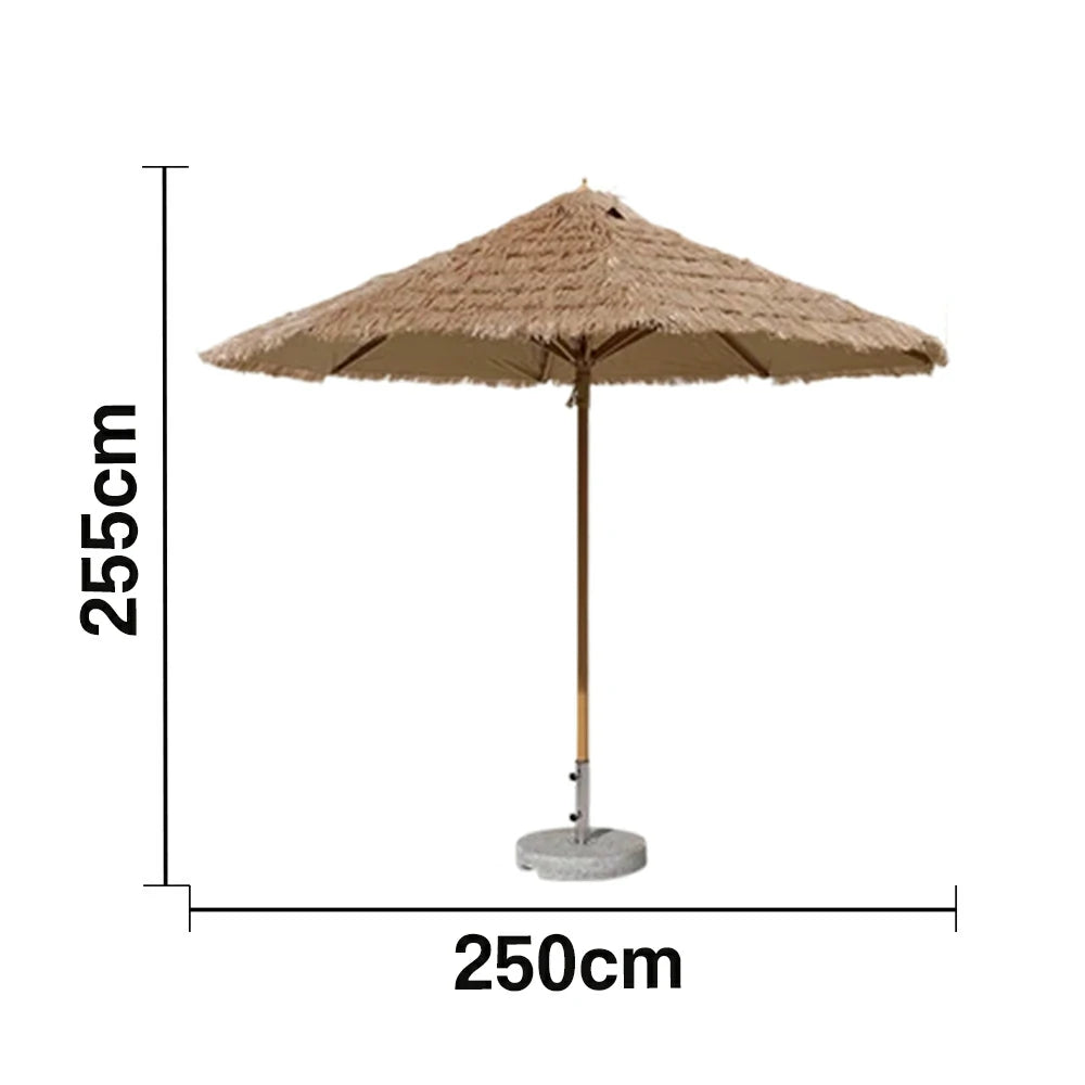 SOLARA Outdoor Thatched Patio Umbrella - 250/270cm Single-Tier Canopy with Realistic Thatch Design, Sunshade & Rain Protection, 30kg Marble Base Included - Natural