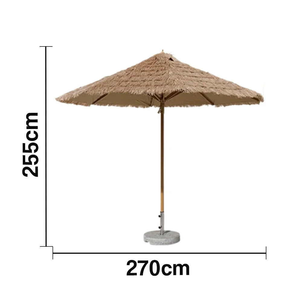 SOLARA Outdoor Thatched Patio Umbrella - 250/270cm Single-Tier Canopy with Realistic Thatch Design, Sunshade & Rain Protection, 30kg Marble Base Included - Natural