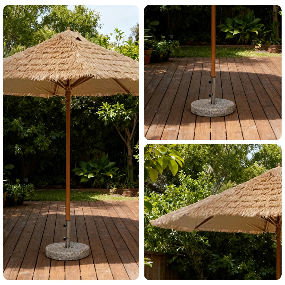 SOLARA Outdoor Thatched Patio Umbrella - 250/270cm Single-Tier Canopy with Realistic Thatch Design, Sunshade & Rain Protection, 30kg Marble Base Included - Natural