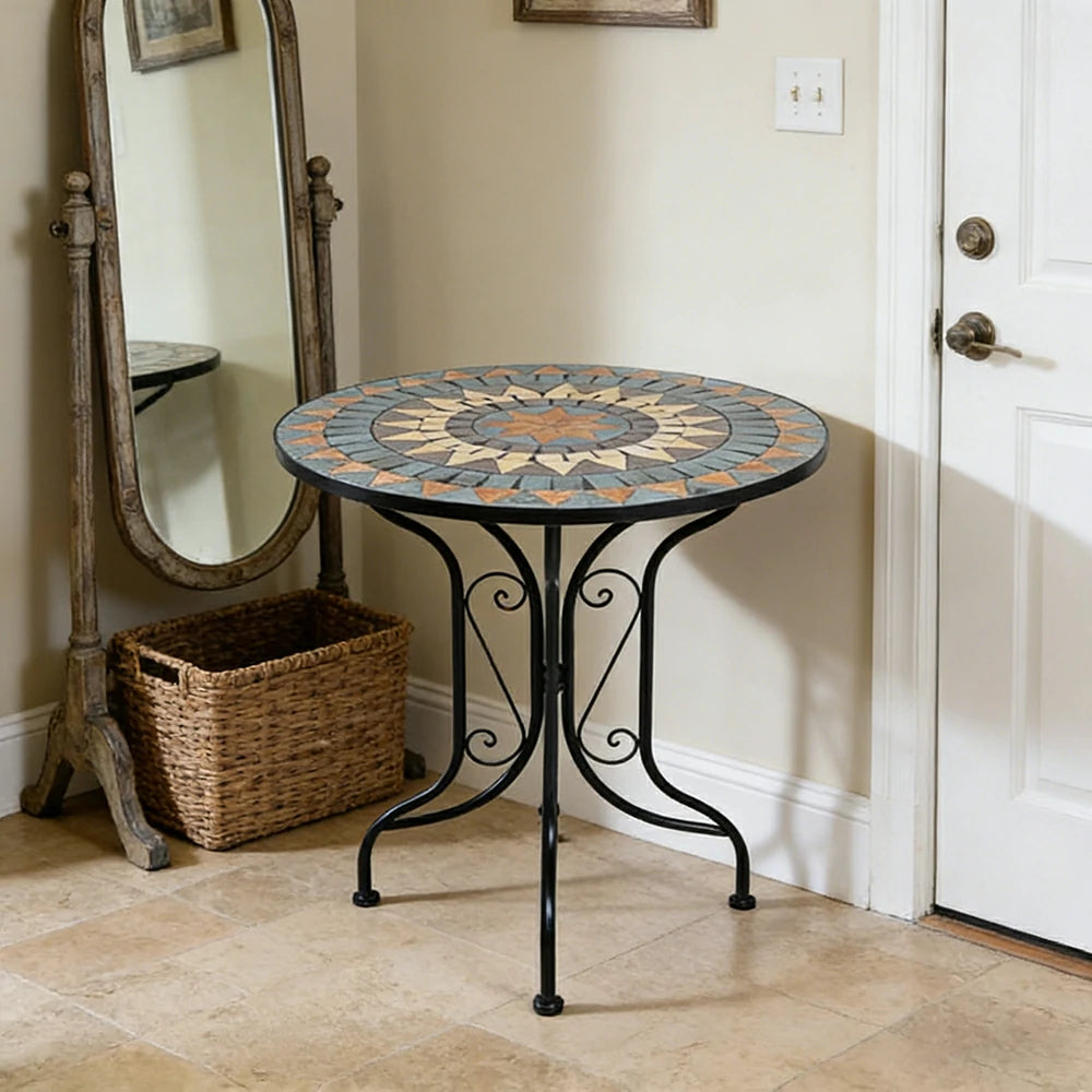 SOLARA 65/80cm Outdoor Table - Weather Resistant Patio Table with Mosaic Tile Top and Heavy Duty Steel Frame - Black