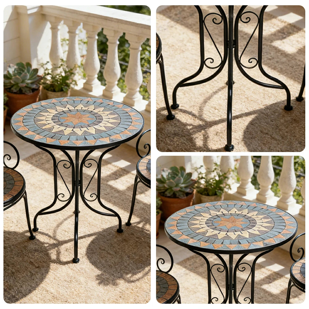 SOLARA 65/80cm Outdoor Table - Weather Resistant Patio Table with Mosaic Tile Top and Heavy Duty Steel Frame - Black