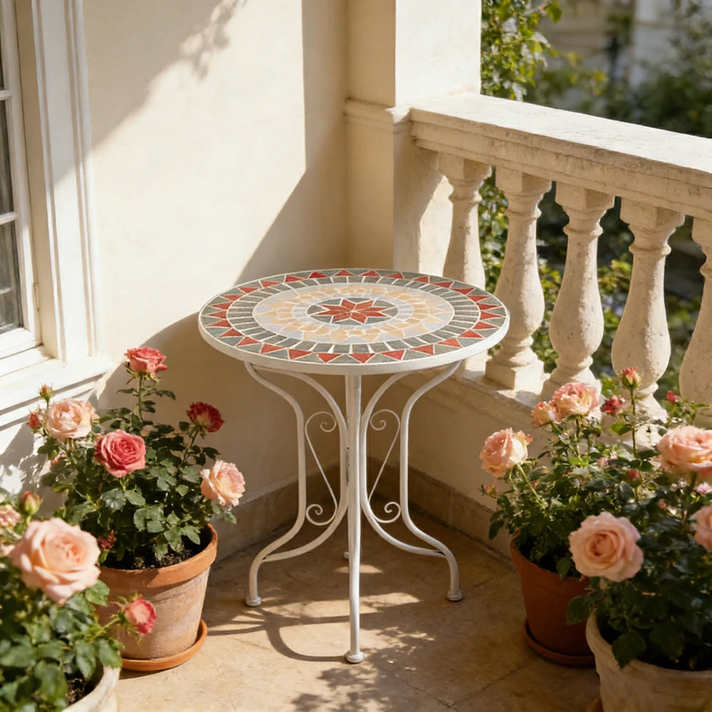 SOLARA 65/80cm Outdoor Table - Weather Resistant Patio Table with Mosaic Tile Top and Heavy Duty Steel Frame - White