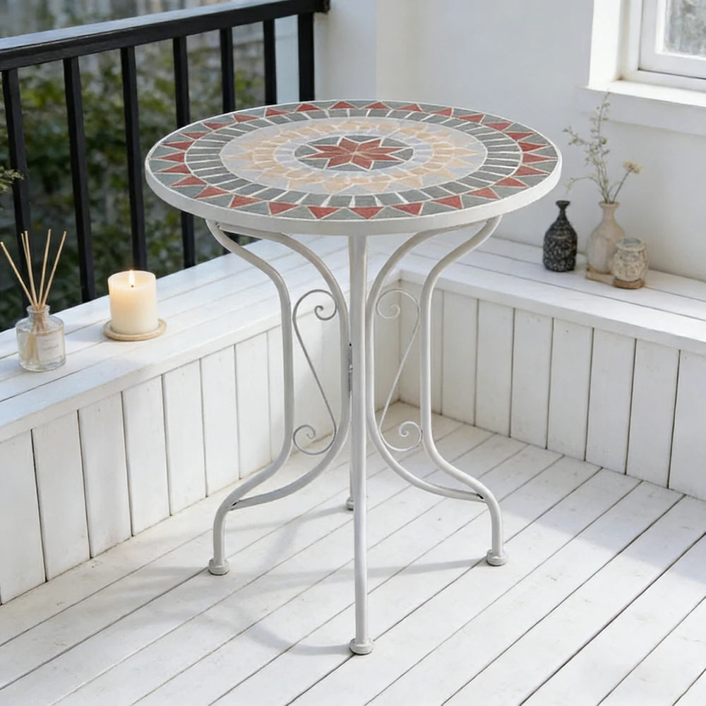 SOLARA 65/80cm Outdoor Table - Weather Resistant Patio Table with Mosaic Tile Top and Heavy Duty Steel Frame - White