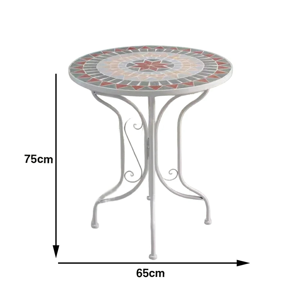 SOLARA 65/80cm Outdoor Table - Weather Resistant Patio Table with Mosaic Tile Top and Heavy Duty Steel Frame - White