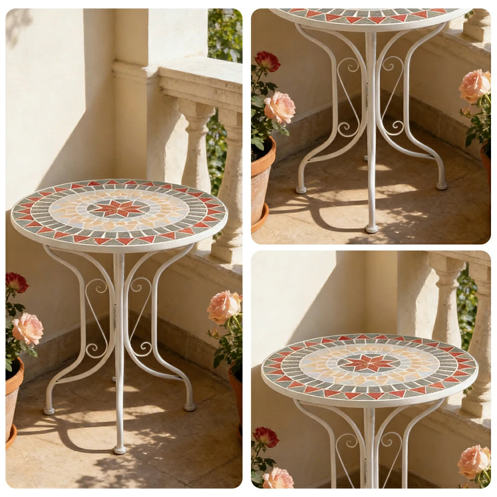 SOLARA 65/80cm Outdoor Table - Weather Resistant Patio Table with Mosaic Tile Top and Heavy Duty Steel Frame - White