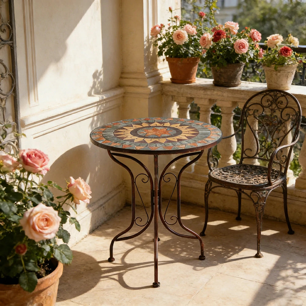 SOLARA 65/80cm Outdoor Table - Weather Resistant Patio Table with Mosaic Tile Top and Heavy Duty Steel Frame - Brown