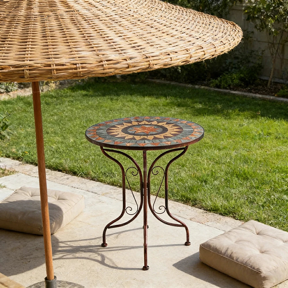 SOLARA 65/80cm Outdoor Table - Weather Resistant Patio Table with Mosaic Tile Top and Heavy Duty Steel Frame - Brown