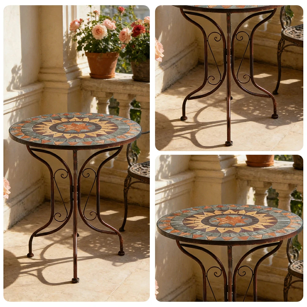 SOLARA 65/80cm Outdoor Table - Weather Resistant Patio Table with Mosaic Tile Top and Heavy Duty Steel Frame - Brown
