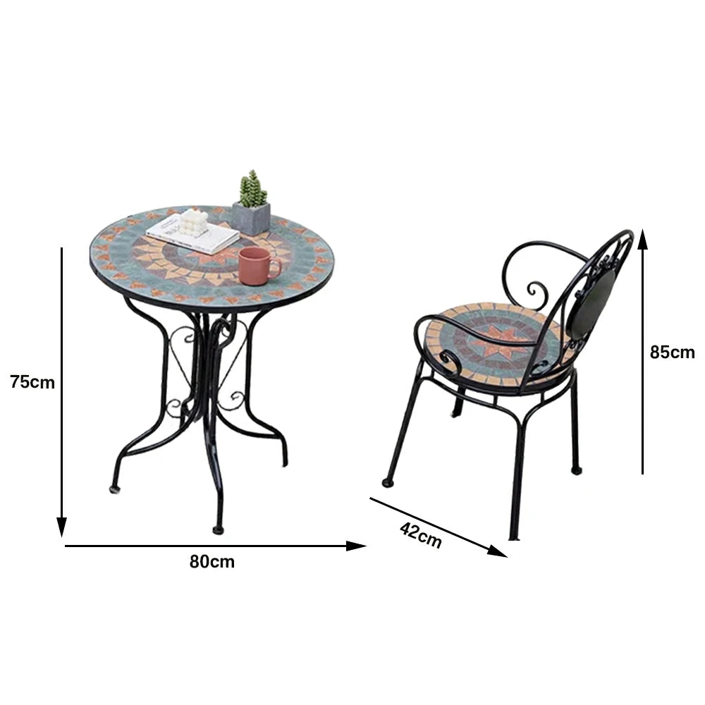 SOLARA 65/80cm Outdoor Table and 2 Chairs Set - Weather Resistant Patio Table with Mosaic Tile Top and Heavy Duty Steel Frame - Black