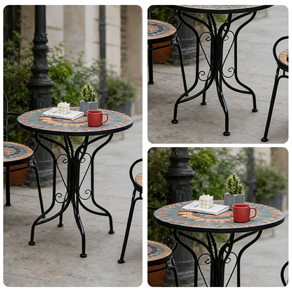 SOLARA 65/80cm Outdoor Table and 2 Chairs Set - Weather Resistant Patio Table with Mosaic Tile Top and Heavy Duty Steel Frame - Black