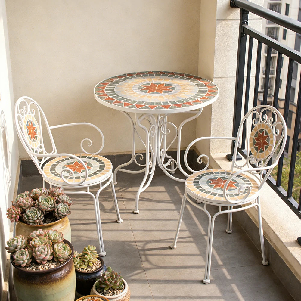 SOLARA 65/80cm Outdoor Table and 2 Chairs Set - Weather Resistant Patio Table with Mosaic Tile Top and Heavy Duty Steel Frame - White