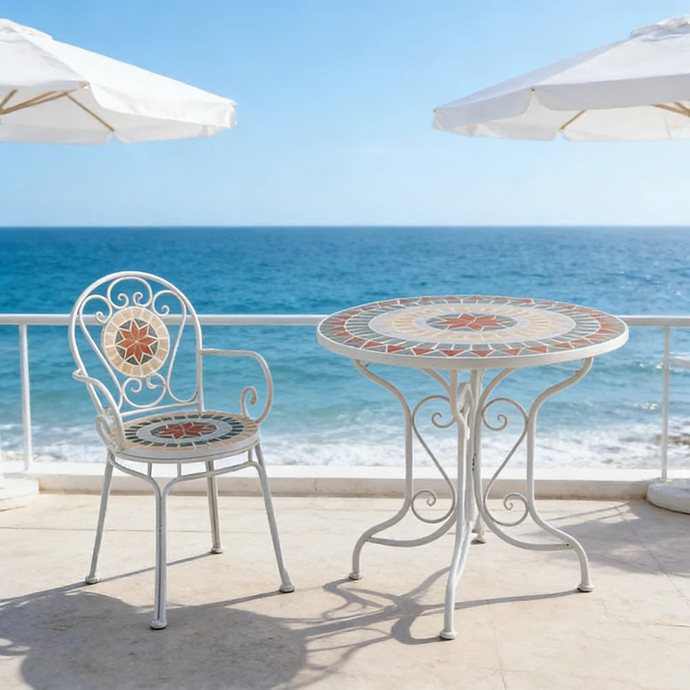 SOLARA 65/80cm Outdoor Table and 2 Chairs Set - Weather Resistant Patio Table with Mosaic Tile Top and Heavy Duty Steel Frame - White