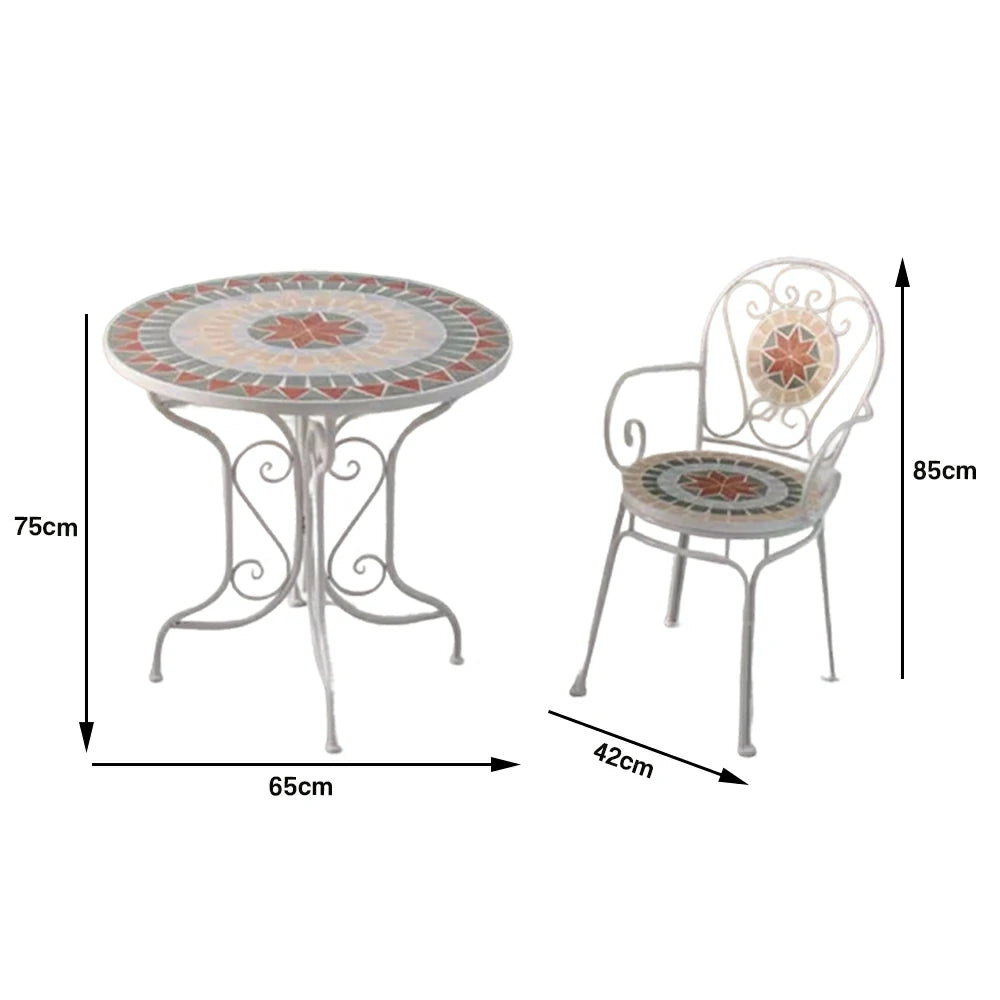 SOLARA 65/80cm Outdoor Table and 2 Chairs Set - Weather Resistant Patio Table with Mosaic Tile Top and Heavy Duty Steel Frame - White