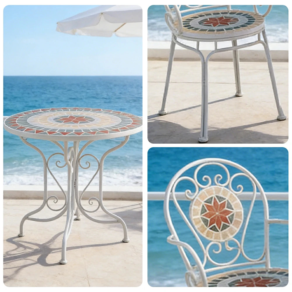 SOLARA 65/80cm Outdoor Table and 2 Chairs Set - Weather Resistant Patio Table with Mosaic Tile Top and Heavy Duty Steel Frame - White