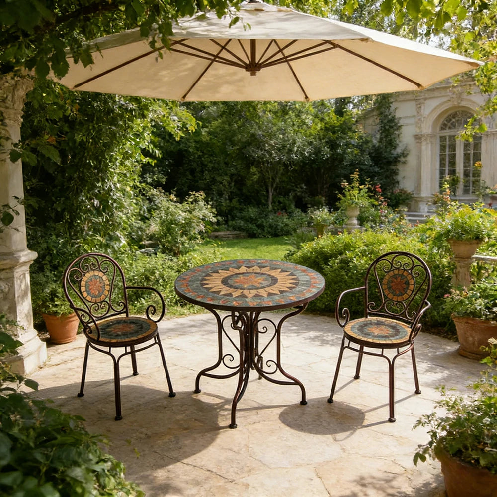 SOLARA 65/80cm Outdoor Table and 2 Chairs Set - Weather Resistant Patio Table with Mosaic Tile Top and Heavy Duty Steel Frame - Brown