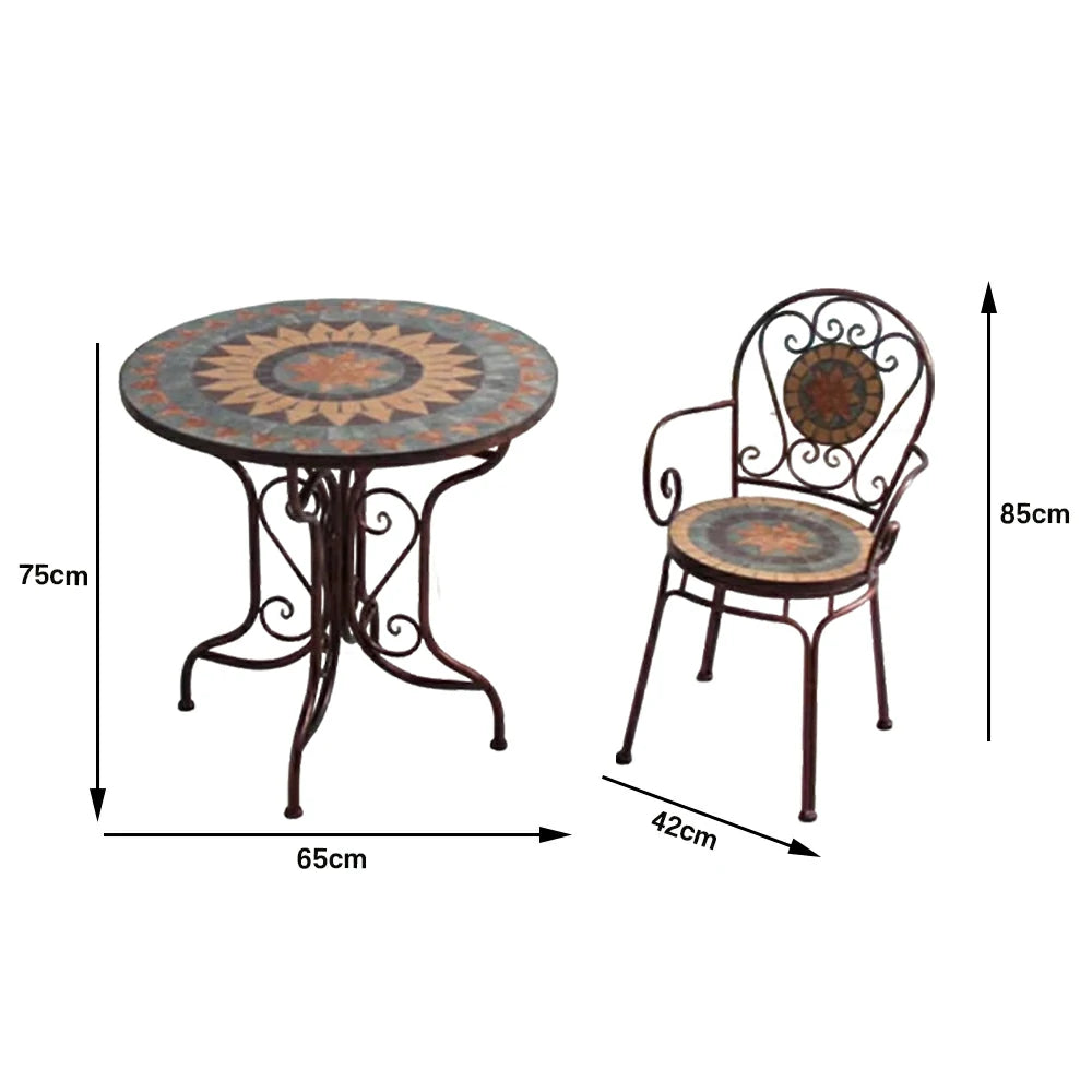 SOLARA 65/80cm Outdoor Table and 2 Chairs Set - Weather Resistant Patio Table with Mosaic Tile Top and Heavy Duty Steel Frame - Brown