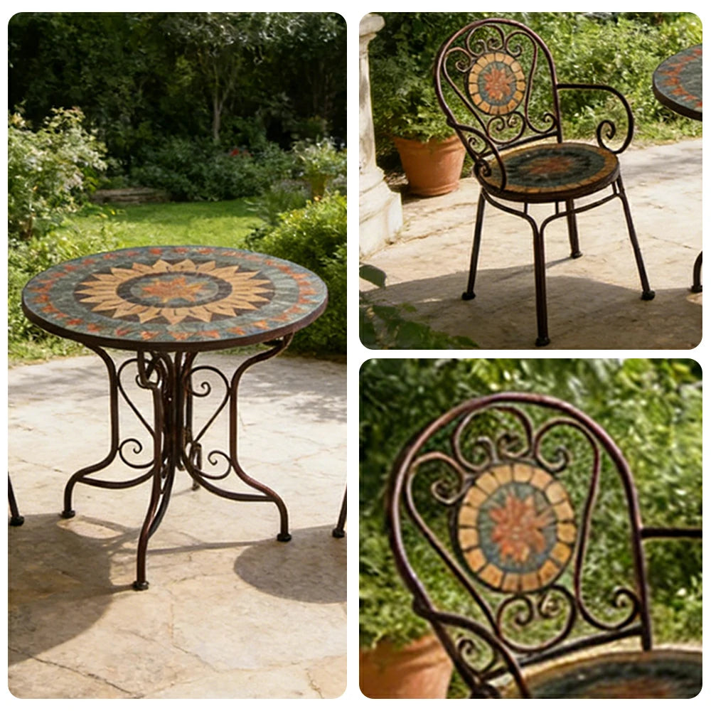 SOLARA 65/80cm Outdoor Table and 2 Chairs Set - Weather Resistant Patio Table with Mosaic Tile Top and Heavy Duty Steel Frame - Brown