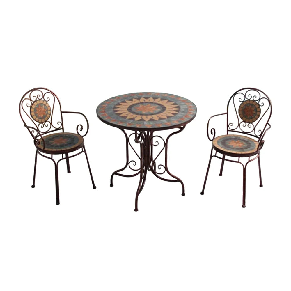 SOLARA 65/80cm Outdoor Table and 2 Chairs Set - Weather Resistant Patio Table with Mosaic Tile Top and Heavy Duty Steel Frame - Brown