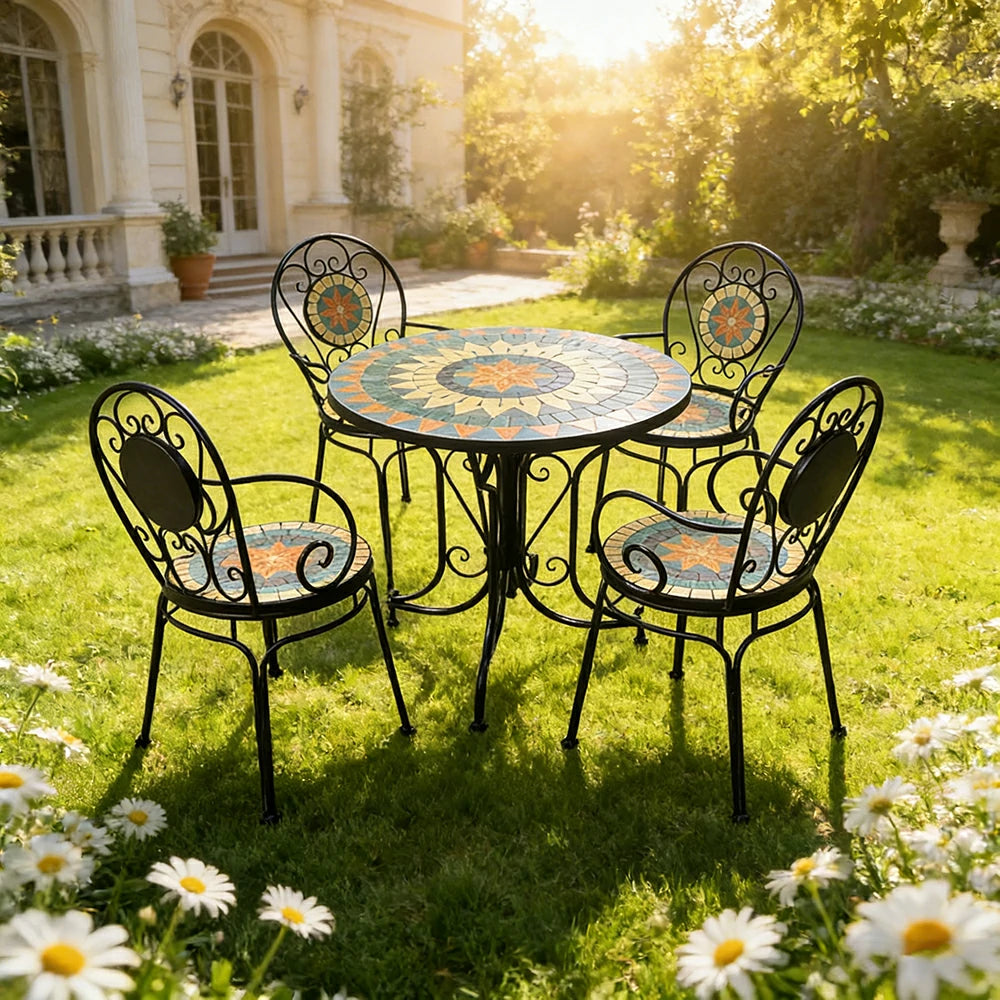 SOLARA 65/80cm Outdoor Table and 4 Chairs Set - Weather Resistant Patio Table with Mosaic Tile Top and Heavy Duty Steel Frame - Black