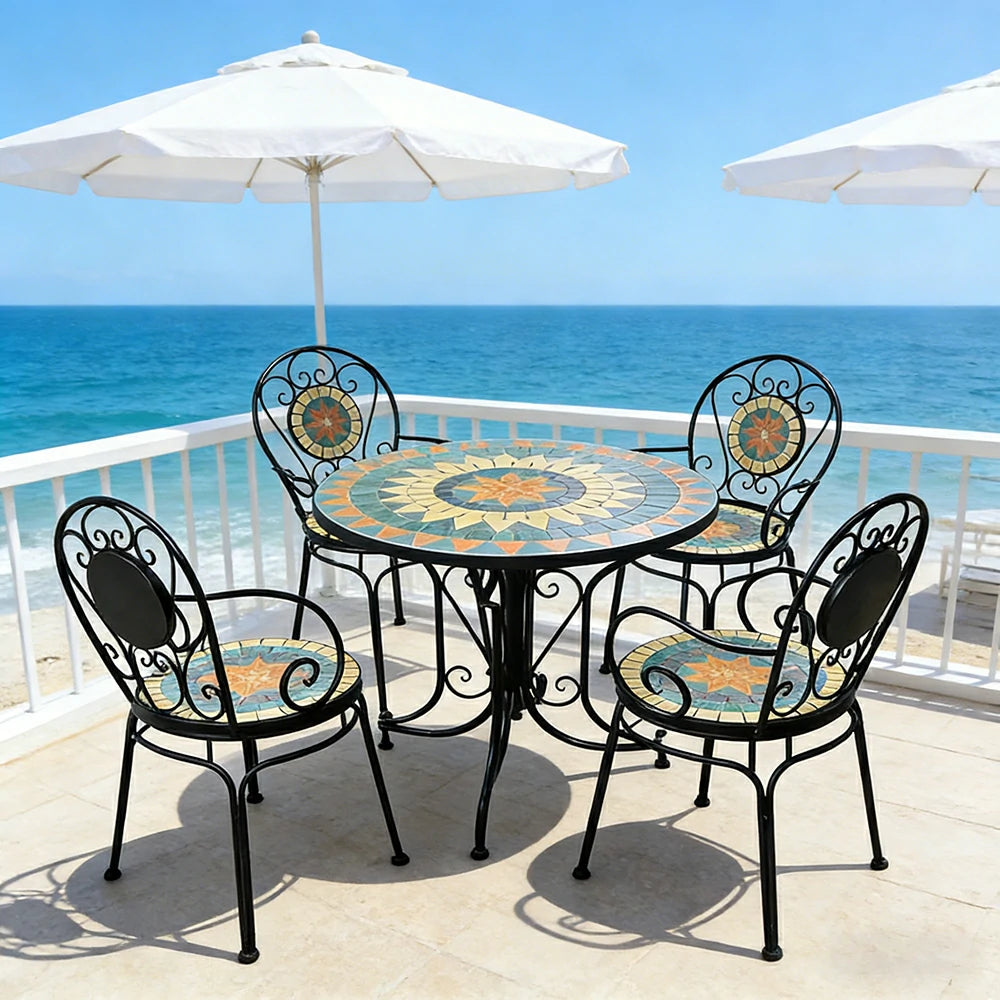 SOLARA 65/80cm Outdoor Table and 4 Chairs Set - Weather Resistant Patio Table with Mosaic Tile Top and Heavy Duty Steel Frame - Black