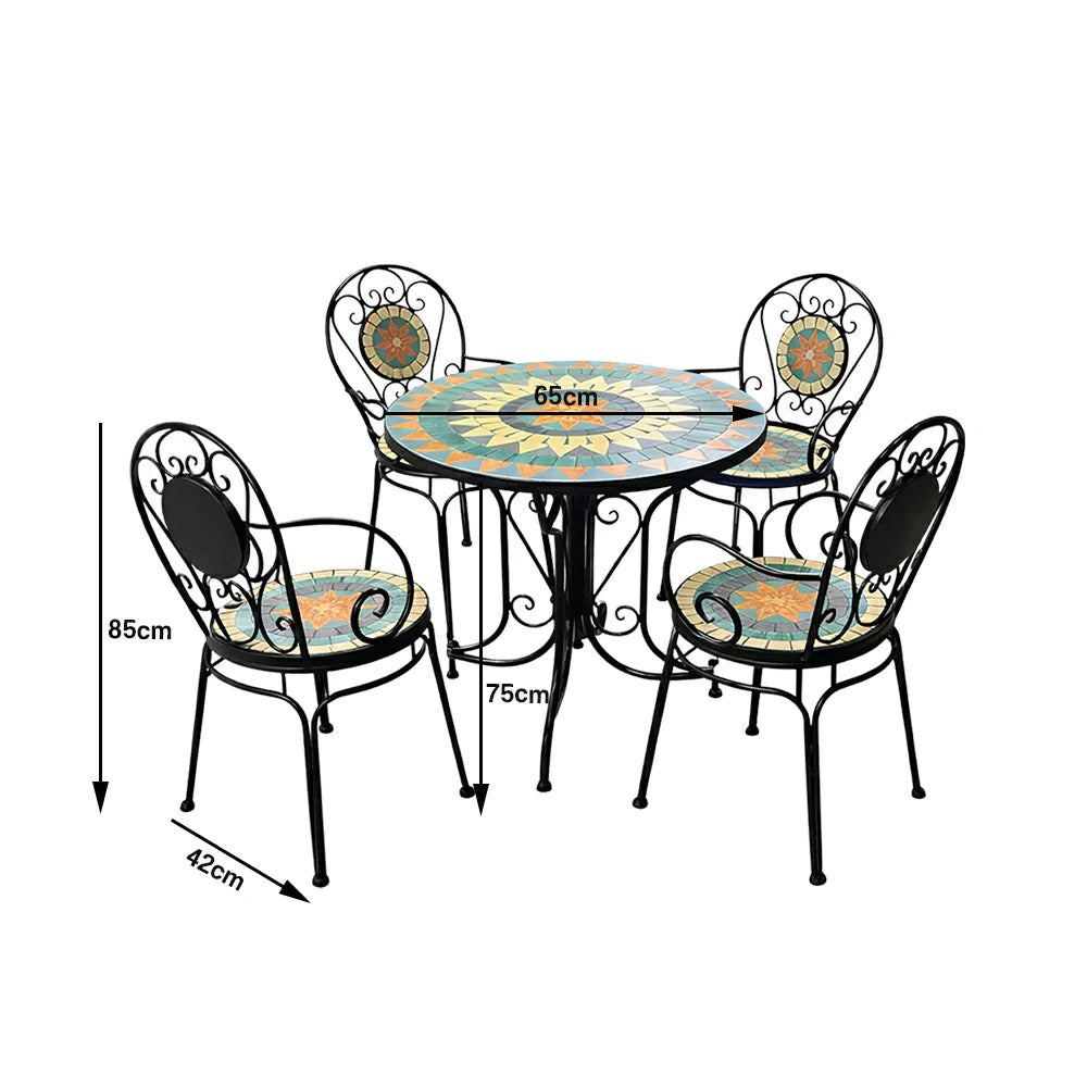 SOLARA 65/80cm Outdoor Table and 4 Chairs Set - Weather Resistant Patio Table with Mosaic Tile Top and Heavy Duty Steel Frame - Black