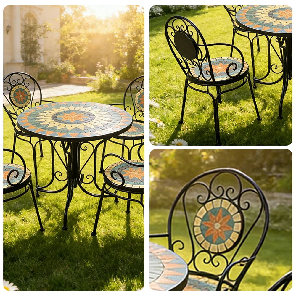 SOLARA 65/80cm Outdoor Table and 4 Chairs Set - Weather Resistant Patio Table with Mosaic Tile Top and Heavy Duty Steel Frame - Black