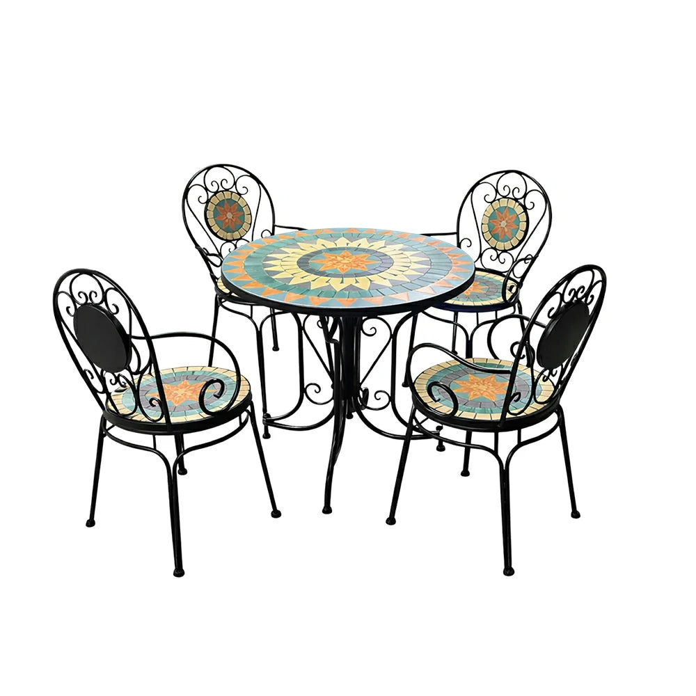 SOLARA 65/80cm Outdoor Table and 4 Chairs Set - Weather Resistant Patio Table with Mosaic Tile Top and Heavy Duty Steel Frame - Black