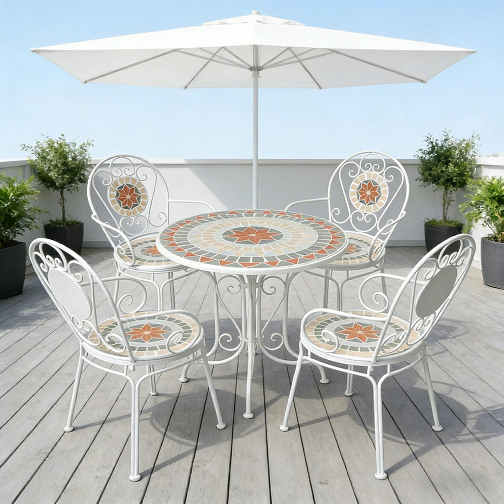 SOLARA 65/80cm Outdoor Table and 4 Chairs Set - Weather Resistant Patio Table with Mosaic Tile Top and Heavy Duty Steel Frame - White