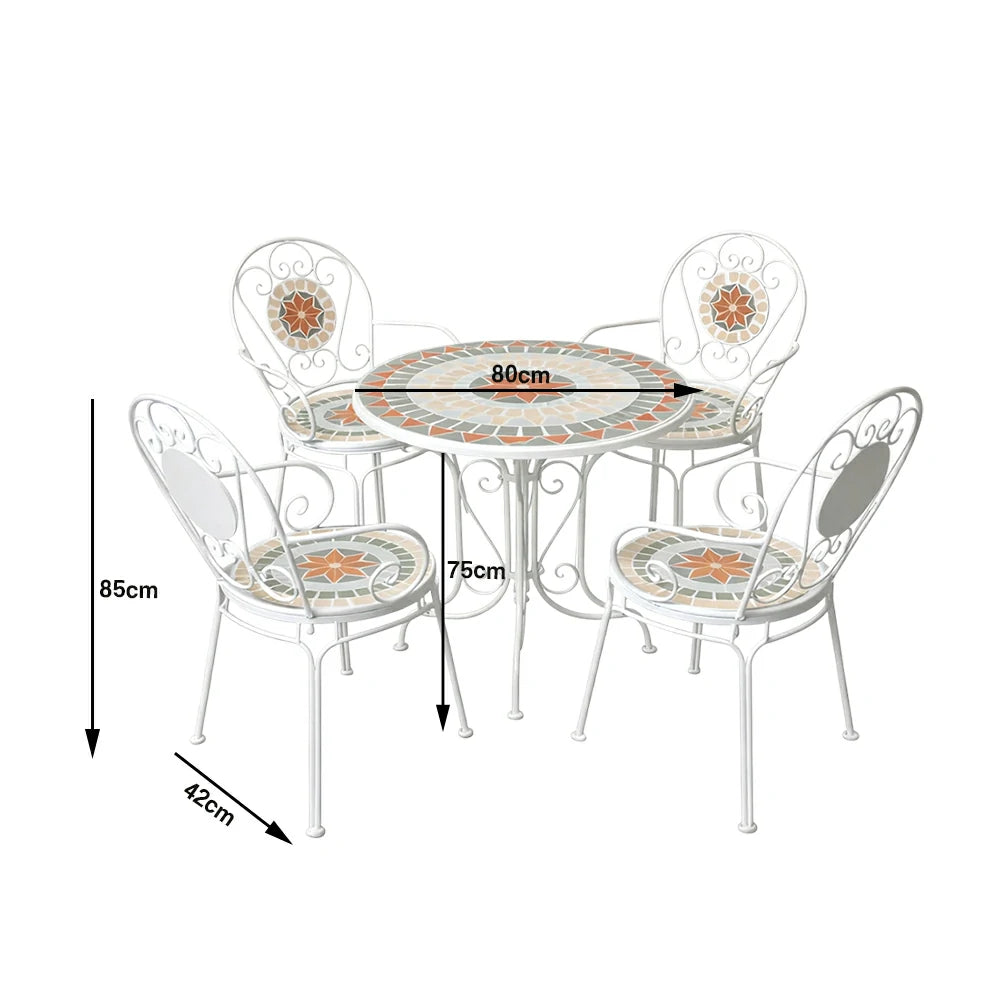 SOLARA 65/80cm Outdoor Table and 4 Chairs Set - Weather Resistant Patio Table with Mosaic Tile Top and Heavy Duty Steel Frame - White