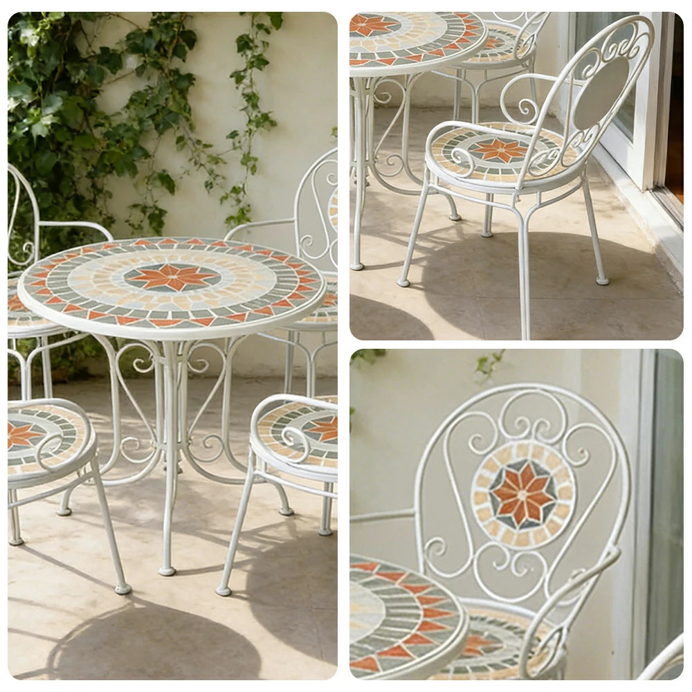 SOLARA 65/80cm Outdoor Table and 4 Chairs Set - Weather Resistant Patio Table with Mosaic Tile Top and Heavy Duty Steel Frame - White