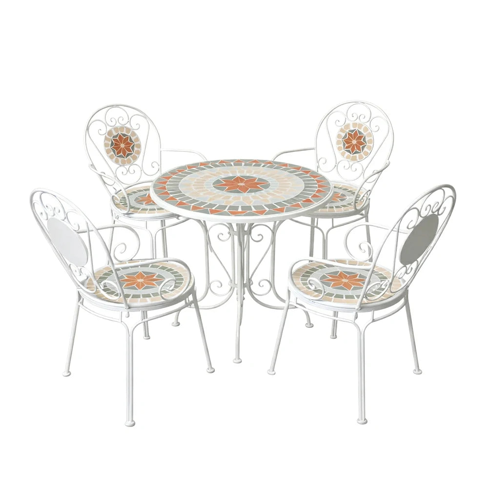 SOLARA 65/80cm Outdoor Table and 4 Chairs Set - Weather Resistant Patio Table with Mosaic Tile Top and Heavy Duty Steel Frame - White