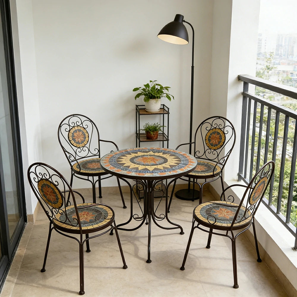 SOLARA 65/80cm Outdoor Table and 4 Chairs Set - Weather Resistant Patio Table with Mosaic Tile Top and Heavy Duty Steel Frame - Brown