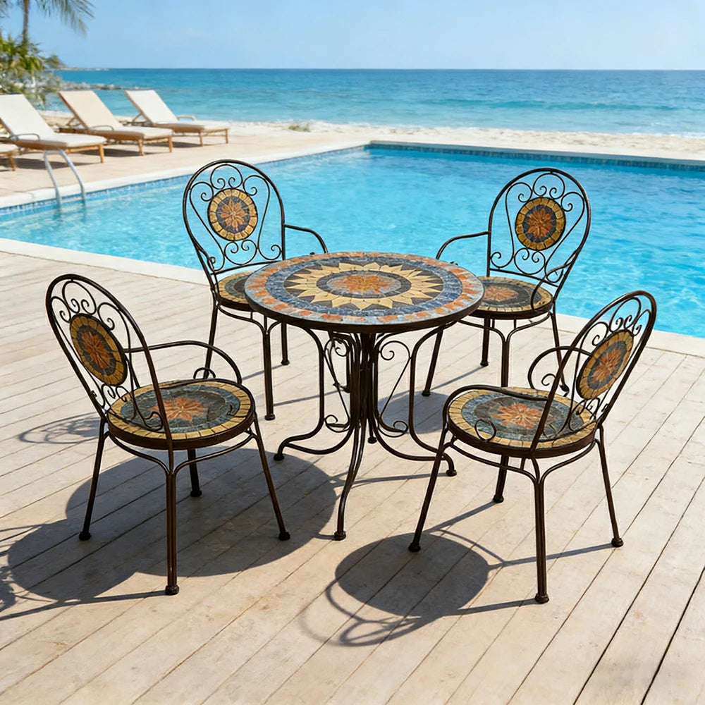 SOLARA 65/80cm Outdoor Table and 4 Chairs Set - Weather Resistant Patio Table with Mosaic Tile Top and Heavy Duty Steel Frame - Brown