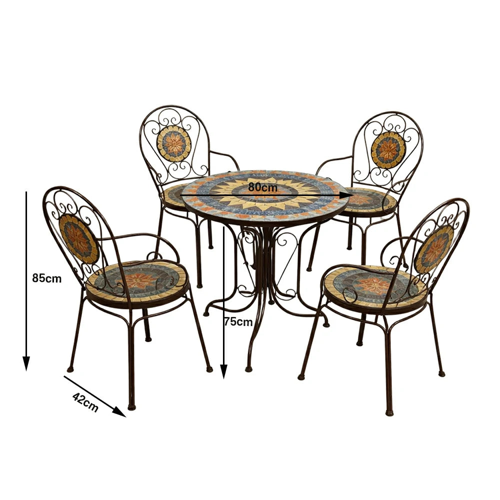 SOLARA 65/80cm Outdoor Table and 4 Chairs Set - Weather Resistant Patio Table with Mosaic Tile Top and Heavy Duty Steel Frame - Brown