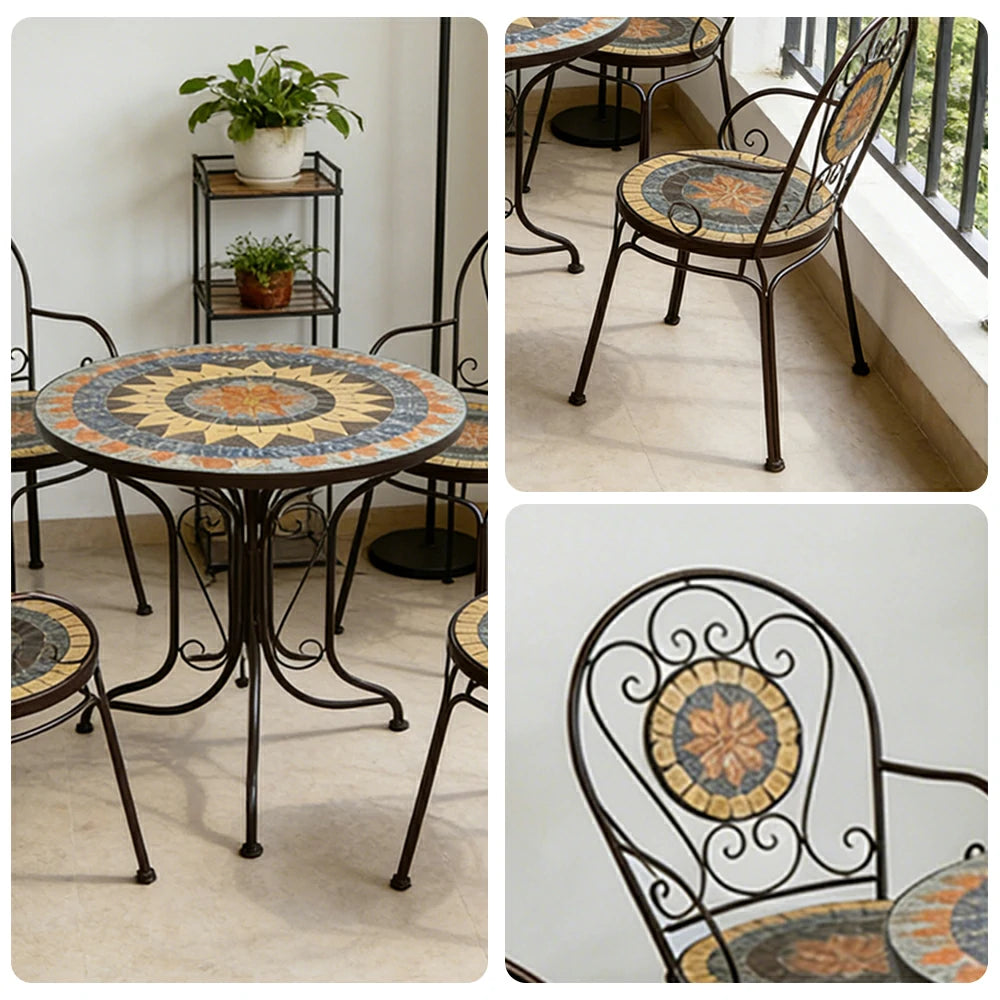 SOLARA 65/80cm Outdoor Table and 4 Chairs Set - Weather Resistant Patio Table with Mosaic Tile Top and Heavy Duty Steel Frame - Brown