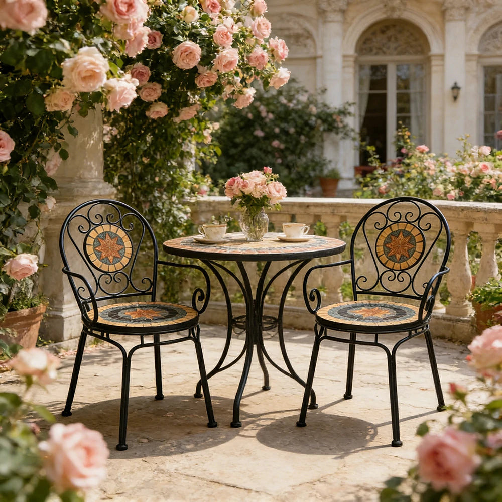 SOLARA Outdoor Armchairs Set of 2 - Weather Resistant Patio Armchairs with Decorative Tile Seat and Heavy Duty Steel Frame - Black