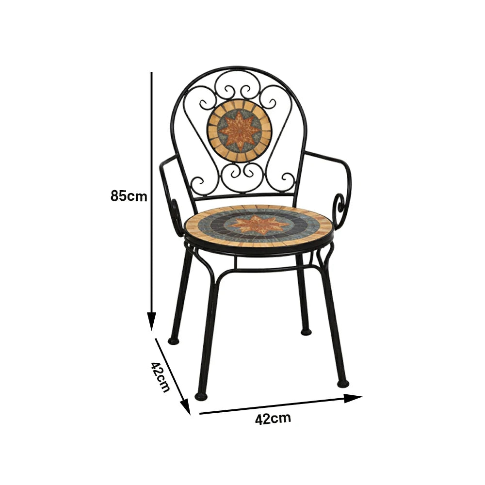 SOLARA Outdoor Armchairs Set of 2 - Weather Resistant Patio Armchairs with Decorative Tile Seat and Heavy Duty Steel Frame - Black