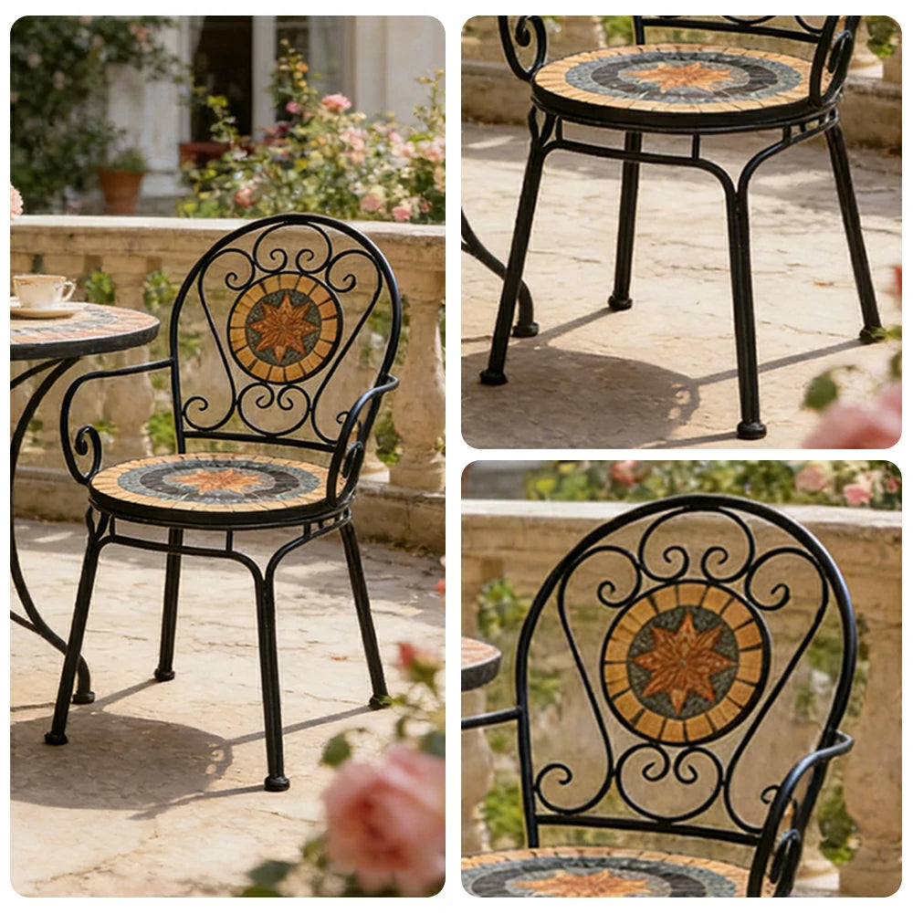 SOLARA Outdoor Armchairs Set of 2 - Weather Resistant Patio Armchairs with Decorative Tile Seat and Heavy Duty Steel Frame - Black