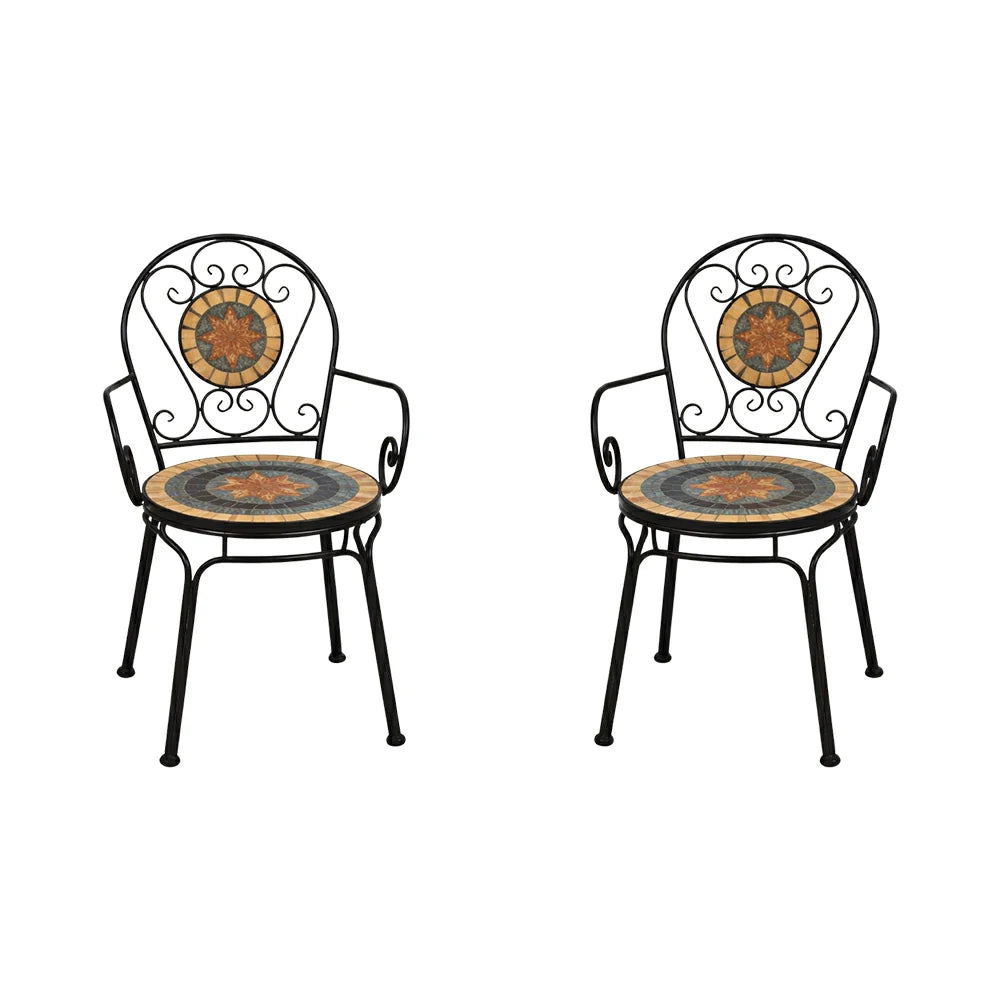 SOLARA Outdoor Armchairs Set of 2 - Weather Resistant Patio Armchairs with Decorative Tile Seat and Heavy Duty Steel Frame - Black