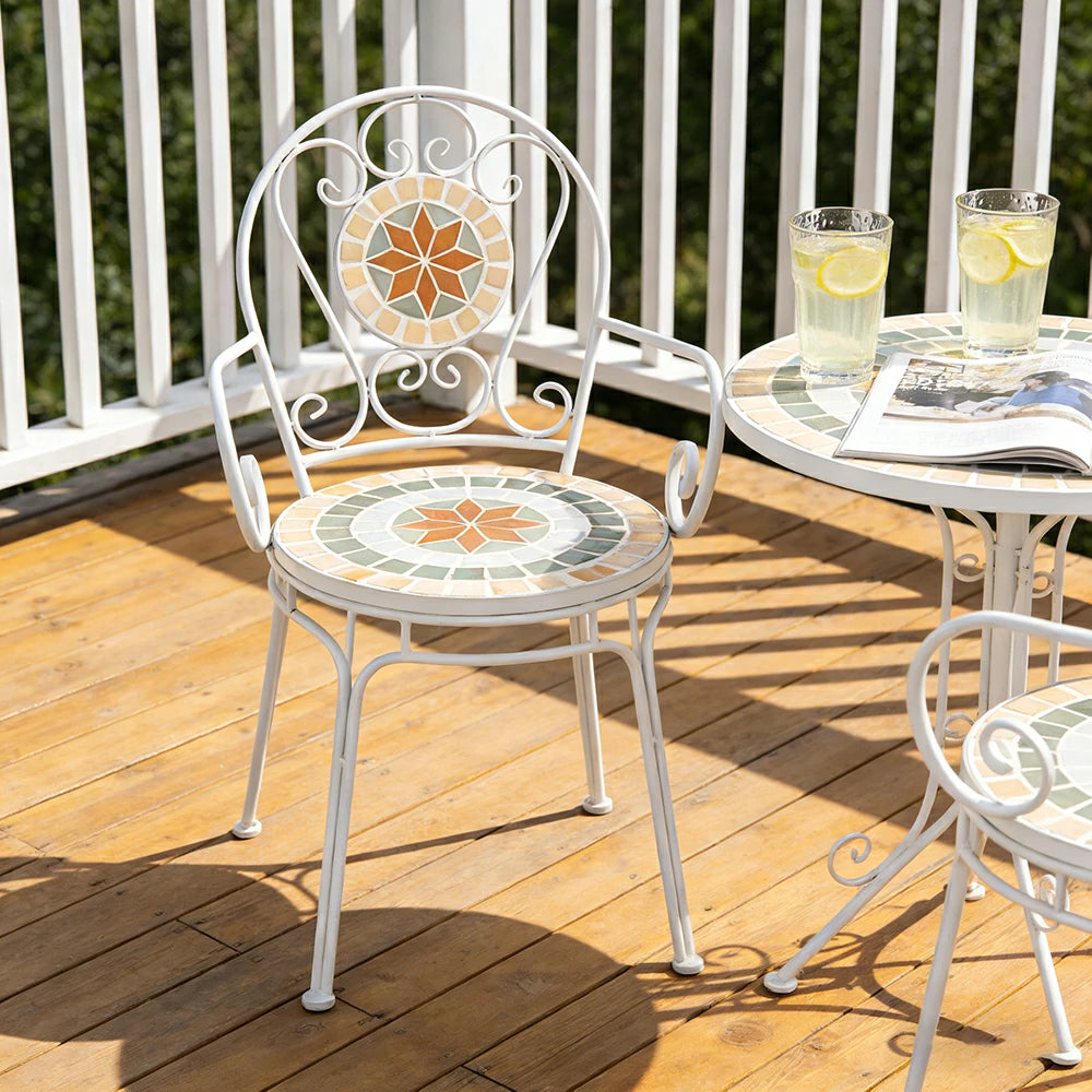 SOLARA Outdoor Armchairs Set of 2 - Weather Resistant Patio Armchairs with Decorative Tile Seat and Heavy Duty Steel Frame - White
