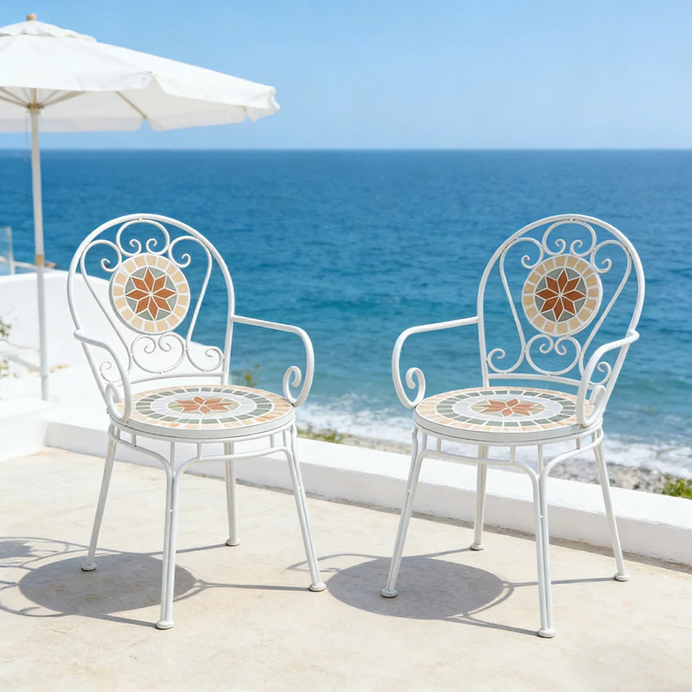SOLARA Outdoor Armchairs Set of 2 - Weather Resistant Patio Armchairs with Decorative Tile Seat and Heavy Duty Steel Frame - White