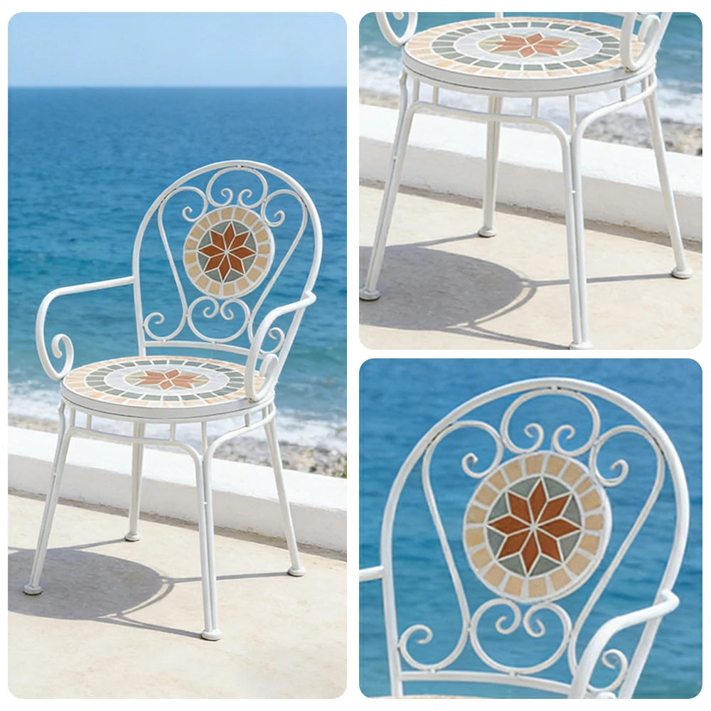 SOLARA Outdoor Armchairs Set of 2 - Weather Resistant Patio Armchairs with Decorative Tile Seat and Heavy Duty Steel Frame - White
